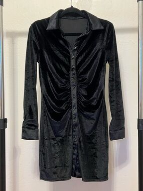 Black Velvet Ruched Button-Front Dress